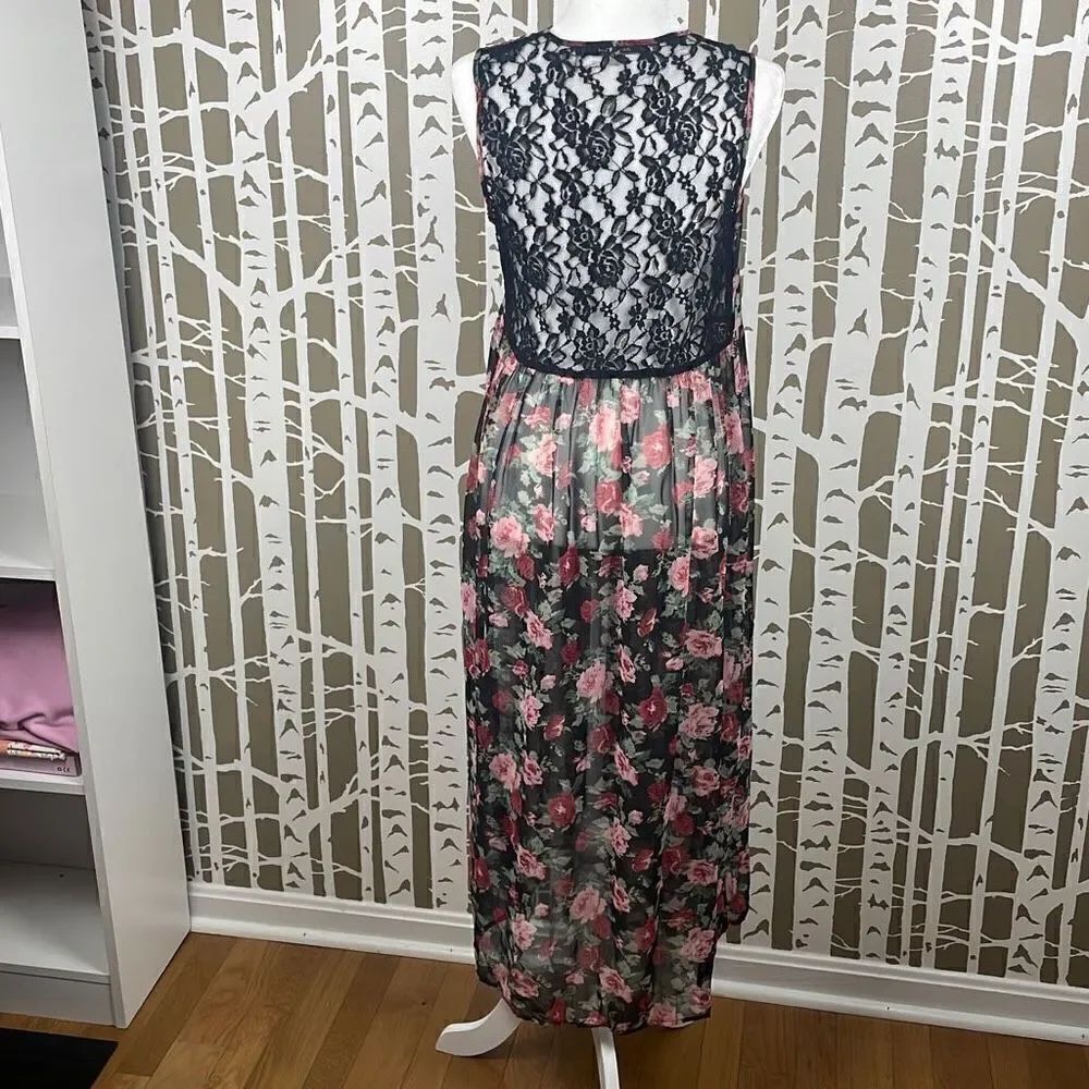 Foreign Exchange Long Sheer Rose Print Lace Back Open Front Maxi Vest Duster sz - Picture 9 of 10